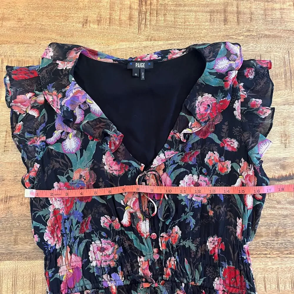 Paige Paradis 100% Silk Ruffle Floral Midi Dress M Dark Romantic Wedding Guest - Picture 11 of 13